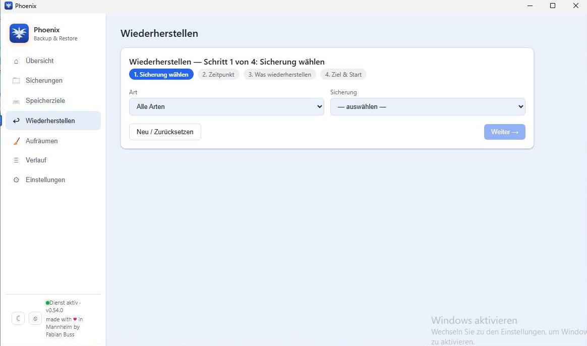 Wiederherstellen: Snapshot wählen und Dateibaum durchsuchen